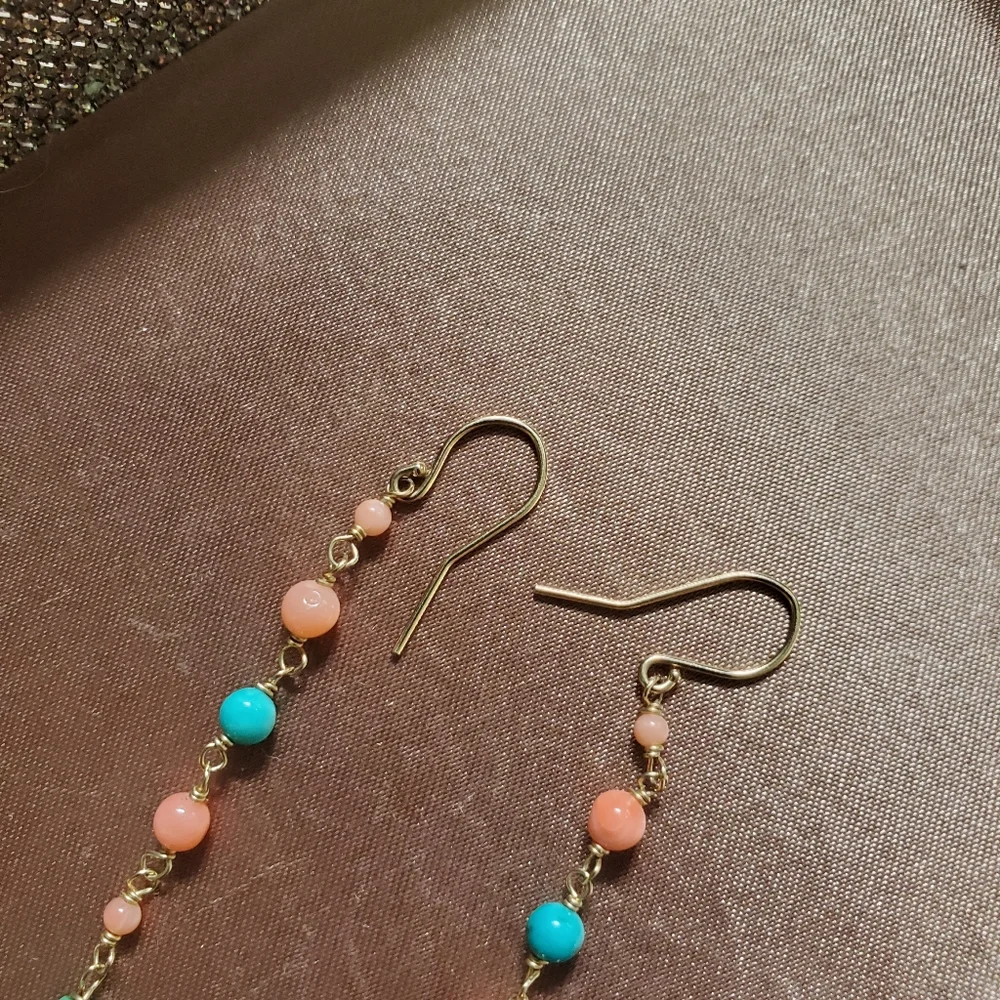 14k Gold Turquoise and Coral Earrings - Picture 3 of 6